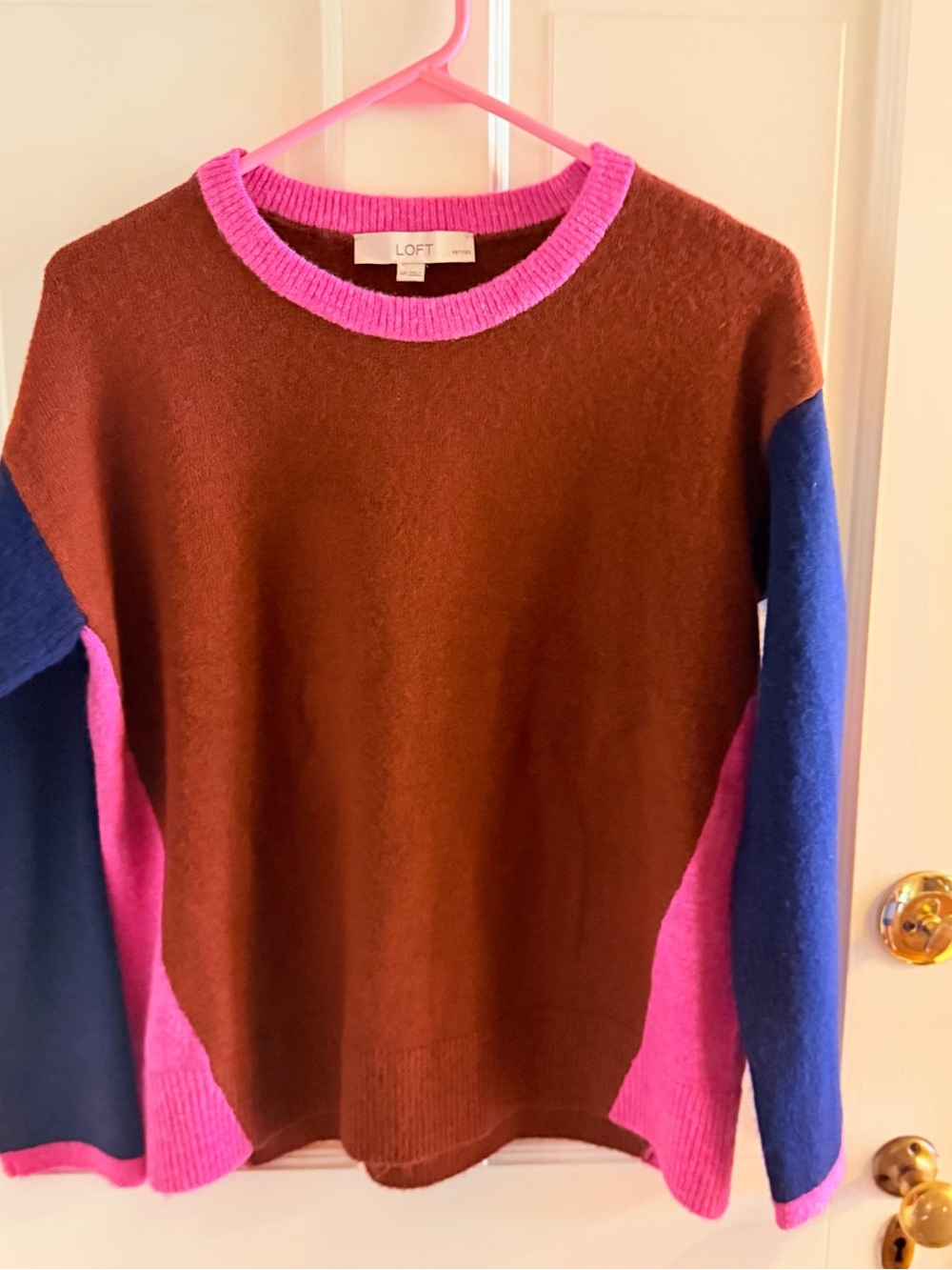LOFT Brown Crewneck Sweater with Pink Trim & Blue Sleeves